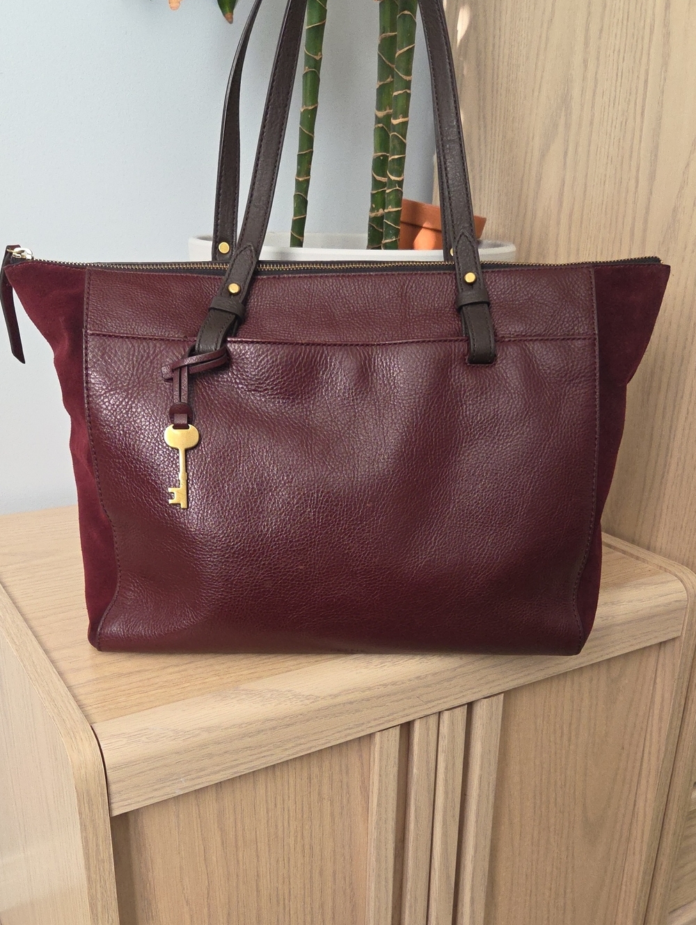 Vintage Fossil Rachel Suede and Leather Top-Zip Tote In Burgundy Wine
